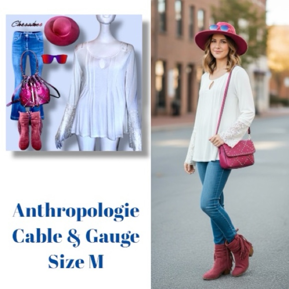 Anthropologie Cable & Gauge Y2K Top White Lace Flounce Sleeves Keyhole Women’s M